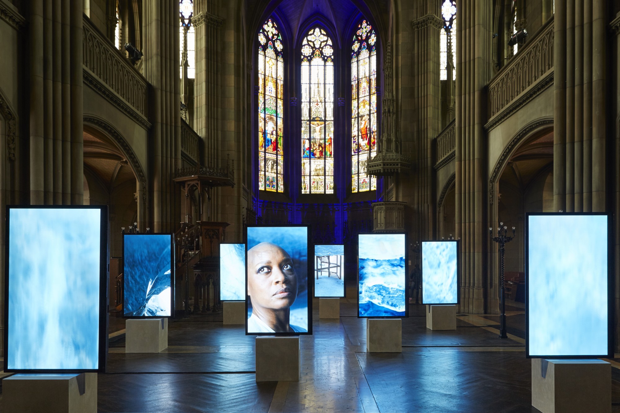 Stones Against Diamonds, Rolls-Royce Arts Programme. Elisabethenkirche, Basel, 2015  58'28'', high definition video on 10 portrait screens, colour, stereo sound